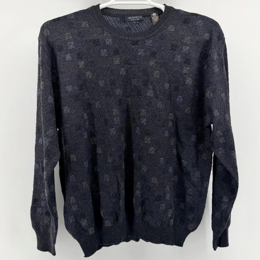 Segreto Merino Wool Crewneck Sweater Geometric Knit Italian Style Large Charcoal